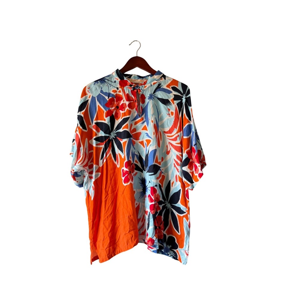 Soft Surroundings XL Floral Tunic Top Orange Blue Rayon Frog Closure